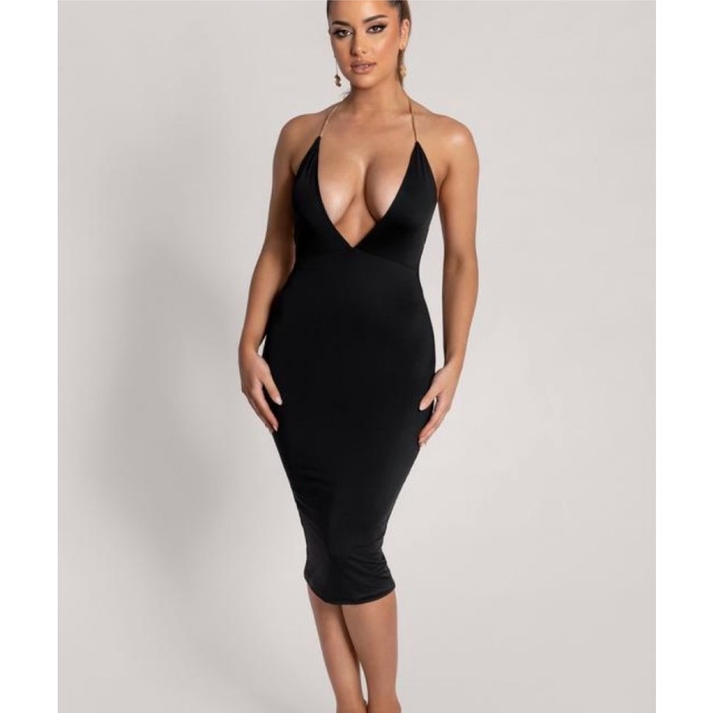 MESHKI -Ny Plunge Halter Chain Strap Midi
Dress - Black